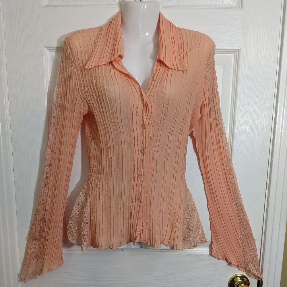 Peach Crinkle Button-Front Blouse